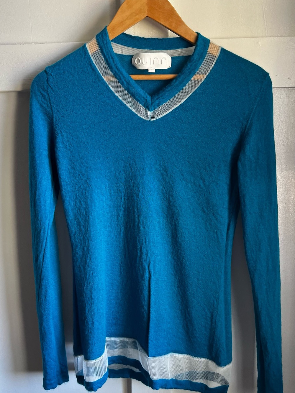 Quinn Cashmere Mesh Teal Blue V-Neck Sweater